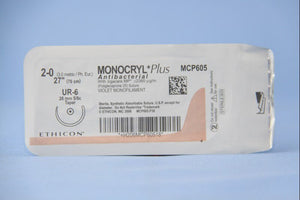 Monocryl™ Plus Poliglecaprone 25 with Irgacare MP Antibacterial Suture UR-6 5/8 Circle Taper Point Needle Size 2-0 Monofilament | SurgiMac Dental Supply