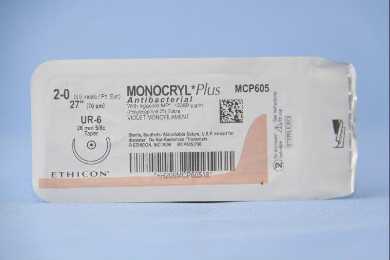 Monocryl™ Plus Poliglecaprone 25 with Irgacare MP Antibacterial Suture UR-6 5/8 Circle Taper Point Needle Size 2-0 Monofilament | SurgiMac Dental Supply