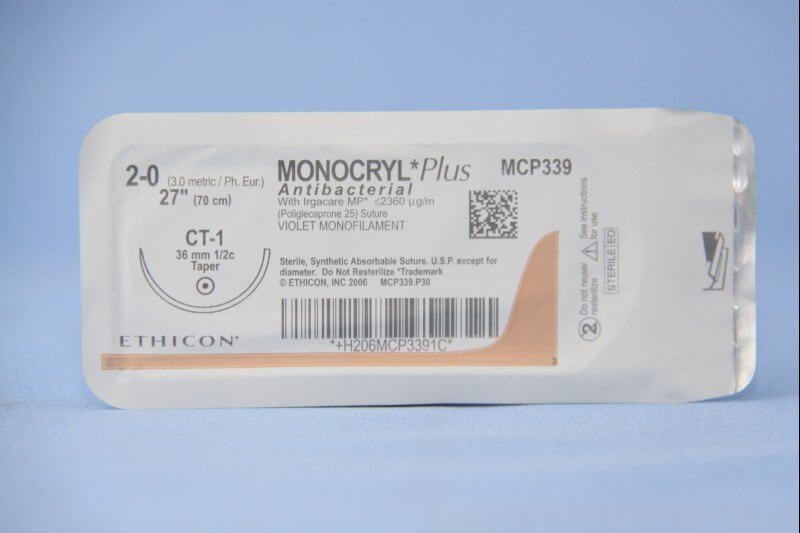 Monocryl™ Plus Poliglecaprone 25 with Irgacare MP Antibacterial Suture CT-1 1/2 Circle Taper Point Needle Size 2-0 Monofilament | SurgiMac Dental Supply
