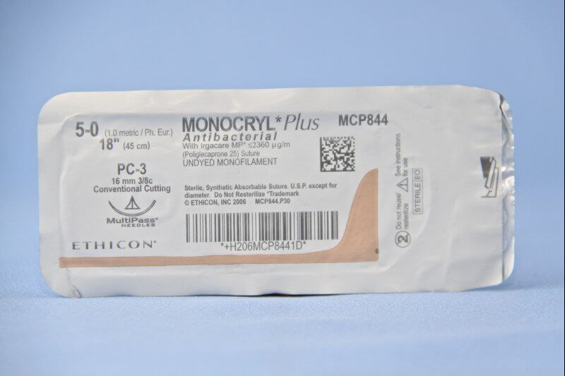 Monocryl™ Plus Poliglecaprone 25 with Irgacare MP Antibacterial Suture PC-3 3/8 Circle Precision Conventional Cutting Needle Size 5-0 Monofilament | SurgiMac Dental Supply