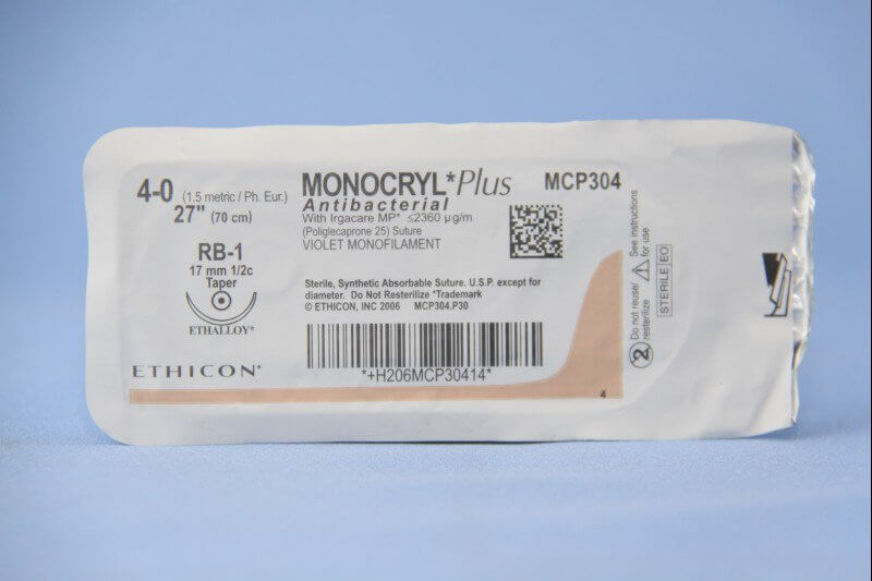 Monocryl™ Plus Poliglecaprone 25 with Irgacare MP Antibacterial Suture RB-1 1/2 Circle Taper Point Needle Size 4-0 Monofilament | SurgiMac Dental Supply