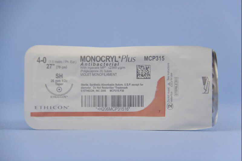 Monocryl™ Plus Poliglecaprone 25 with Irgacare MP Antibacterial Suture SH 1/2 Circle Taper Point Needle Size 4-0 Monofilament | SurgiMac Dental Supply