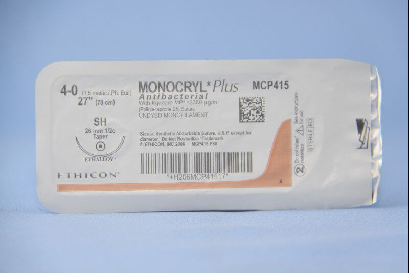 Monocryl™ Plus Poliglecaprone 25 with Irgacare MP Antibacterial Suture SH 1/2 Circle Taper Point Needle Size 4-0 Monofilament | SurgiMac Dental Supply
