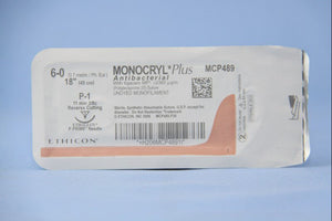 Monocryl™ Plus Poliglecaprone 25 with Irgacare MP Antibacterial Suture P-1 3/8 Circle Precision Reverse Cutting Needle Size 6-0 Monofilament | SurgiMac Dental Supply
