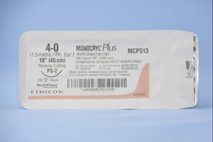 Monocryl™ Plus Poliglecaprone 25 with Irgacare MP Antibacterial Suture PS-2 3/8 Circle Precision Reverse Cutting Needle Size 4-0 Monofilament | SurgiMac Dental Supply