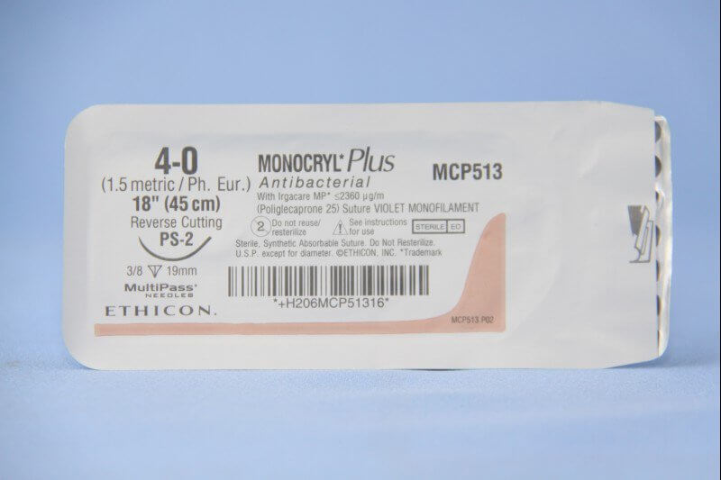 Monocryl™ Plus Poliglecaprone 25 with Irgacare MP Antibacterial Suture PS-2 3/8 Circle Precision Reverse Cutting Needle Size 4-0 Monofilament | SurgiMac Dental Supply