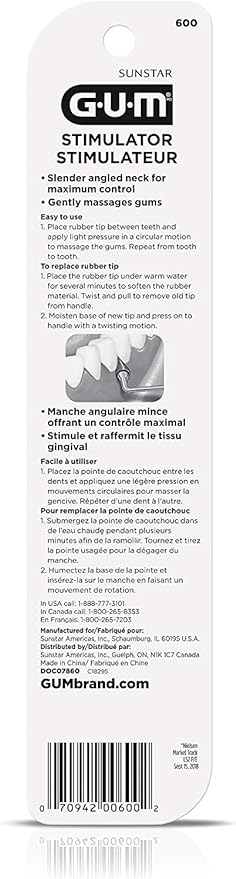 Sunstar GUM Stimulator, Handle & Tip 12/Pk. Firm Rubber Stimulator for gingival 600PYC