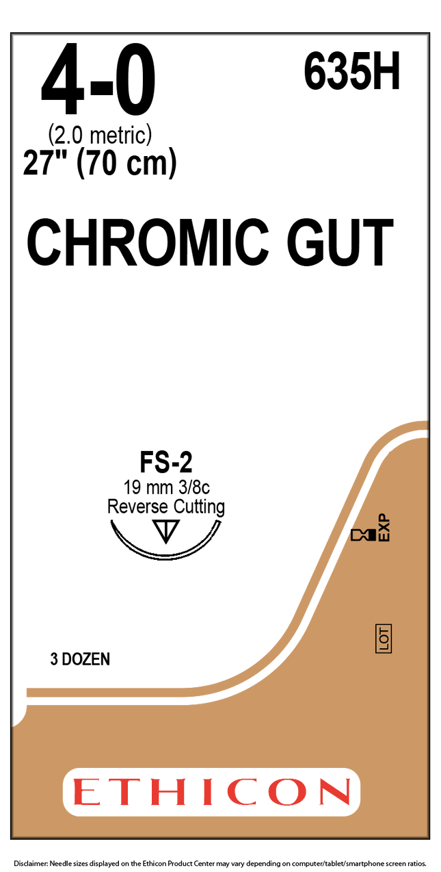 Ethicon 4/0, 27" Chromic Gut Absorbable Suture with Reverse Cutting FS-2 Needle