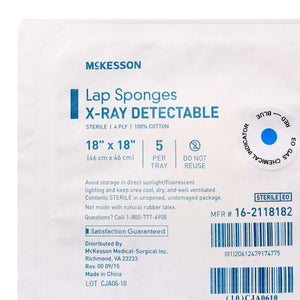 Surgical Laparotomy Sponge McKesson X-Ray Detectable Cotton 18 X 18 Inch 5 Count Hard Pack Sterile | SurgiMac Dental Supply