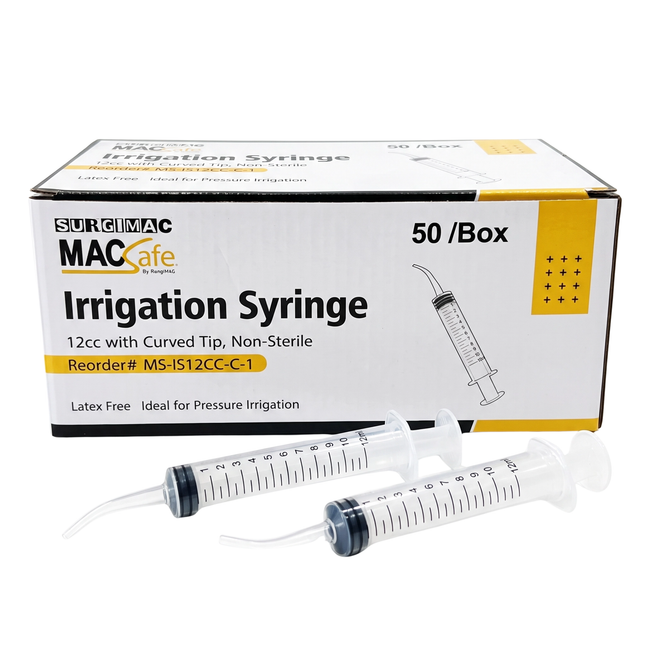 SurgiMac #412 Irrigation Syringe, 12cc with Curved Tip, Non-Sterile, MacSafe, 50/Box, 20bx/Case