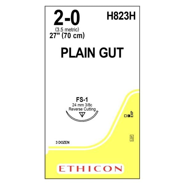 Ethicon 4/0, 27" Plain Gut Absorbable Suture with Reverse Cutting FS-2 Needle (3/8 Circle 19.0 mm), 36/Box