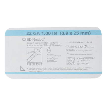 Closed IV Catheter Nexiva 22 Gauge 1 Inch Vialon Biomaterial Winged Hub Blood Control