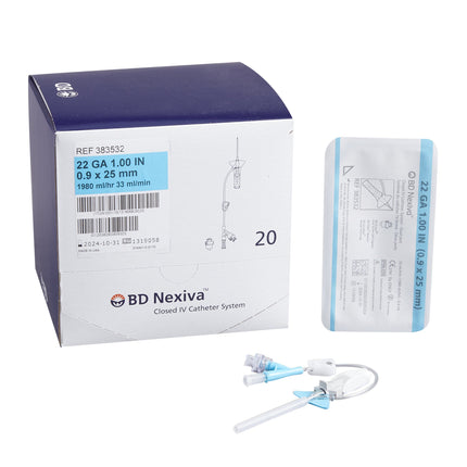 Closed IV Catheter Nexiva 22 Gauge 1 Inch Vialon Biomaterial Winged Hub Blood Control