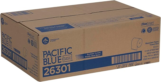 Pacific Blue Basic Recycled Hardwound Paper Towel Rolls by GP PRO (Georgia-Pacific), Brown, 26301, 800 Feet Per Roll, 6 Rolls Per Case | SurgiMac Dental Supply