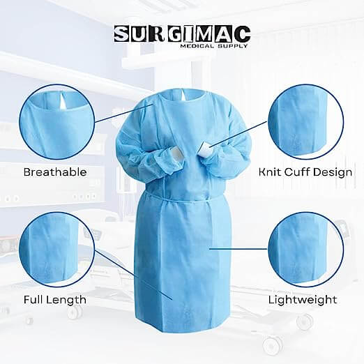 SMS Isolation Gown MacSafe by SurgiMac | Tie Back | Knitt cuffs | One size fits all | Blue 10-1551