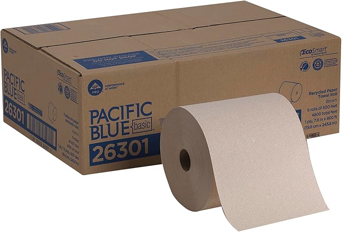 Pacific Blue Basic Recycled Hardwound Paper Towel Rolls by GP PRO (Georgia-Pacific), Brown, 26301, 800 Feet Per Roll, 6 Rolls Per Case | SurgiMac Dental Supply