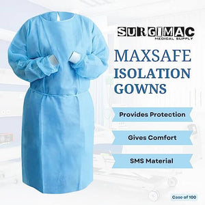 SMS Isolation Gown MacSafe by SurgiMac | Tie Back | Knitt cuffs | One size fits all | Blue 10-1551