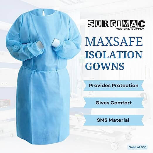 SMS Isolation Gown MacSafe by SurgiMac | Tie Back | Knitt cuffs | One size fits all | Blue 10-1551