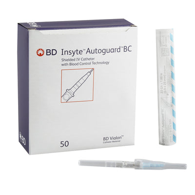 Peripheral IV Catheter Insyte Autoguard BC 22 Gauge 1 Inch BD Vialon Straight Hub Blood Control Push Button Safety