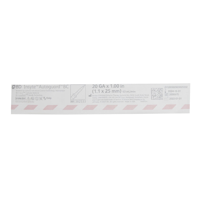 BD Peripheral IV Catheter Insyte Autoguard BC 20 Gauge 1 Inch Button Retracting Safety Needle 382533-1