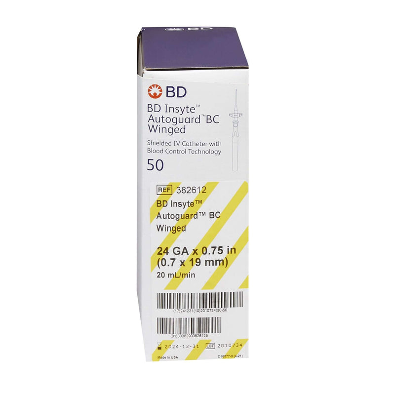 Peripheral IV Catheter Insyte Autoguard BC 24 Gauge 3/4 Inch BD Vialon Winged Hub Blood Control Push Button Safety | SurgiMac Dental Supply