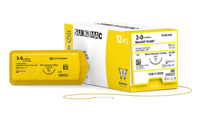 SurgiMac 3-0, 18" Absorbable Plain, Catgut Suture, 22mm C-31 Reverse-Cutting Needle (1/2 Circle), MacSuture, 12/Pk