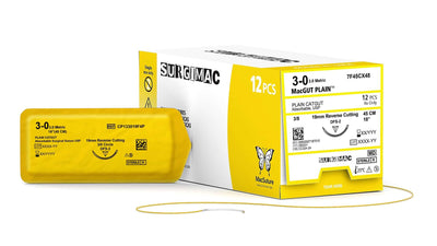SurgiMac 3-0, 18" Plain Catgut, Absorbable Suture, 19mm C-6 Reverse-Cutting Needle (3/8 Circle), MacSuture, 12/Pk