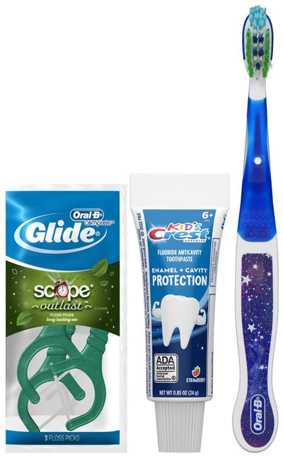 Kids 6+ Oral Care Bundle: Fun Toothbrush, Strawberry Toothpaste, and Floss Picks