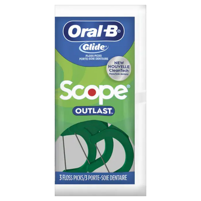 Glide Floss Picks with Scope, 3 flosser/pk, 72 pk/bx Shred resistant floss contains the freshness of Scope outlast mint flavor with the ease of a floss pick