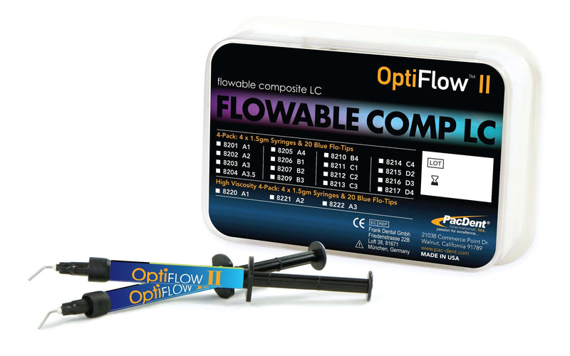 Pac-Dent OptiFlow II Flowable Composite 4-Pk 4 x 1.5gm syringes with 20 Flo-Tips A2 | SurgiMac Dental Supply