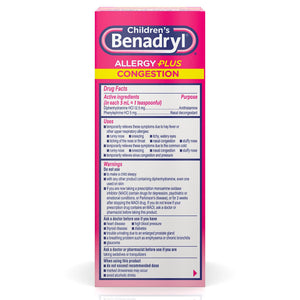 Children's Allergy Relief Children’s Benadrl Allergy Plus Congestion 12.5 mg Strength Liquid 4 oz. 50580078104