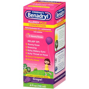 Children's Allergy Relief Children’s Benadrl Allergy Plus Congestion 12.5 mg Strength Liquid 4 oz. 50580078104