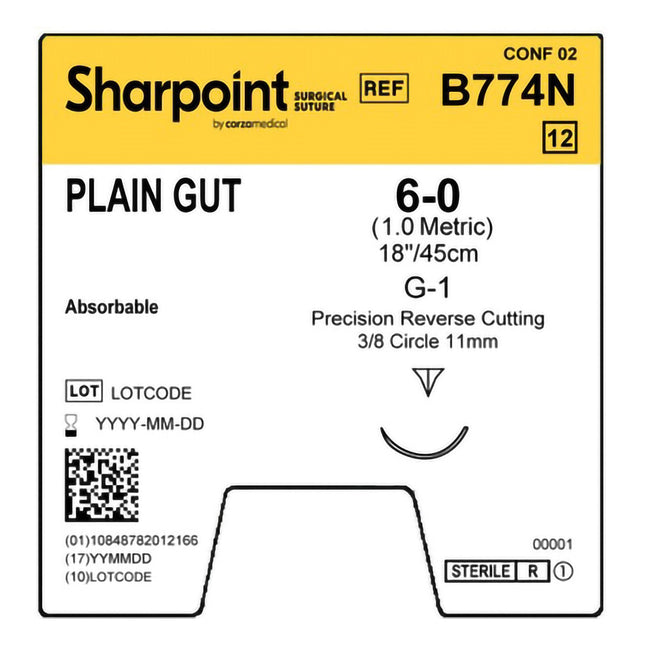 Absorbable Suture with Needle Surgical Specialties Plain Gut DSM11 3/8 Circle Precision Reverse Cutting Needle Size 6 - 0 | B774N | Corza Medical | SurgiMac