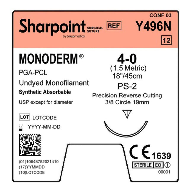 Absorbable Suture with Needle Monoderm Polyglycolic Acid DSM19 3/8 Circle Precision Reverse Cutting Needle Size 4 - 0 Monofilament | Y496N | Corza Medical | SurgiMac