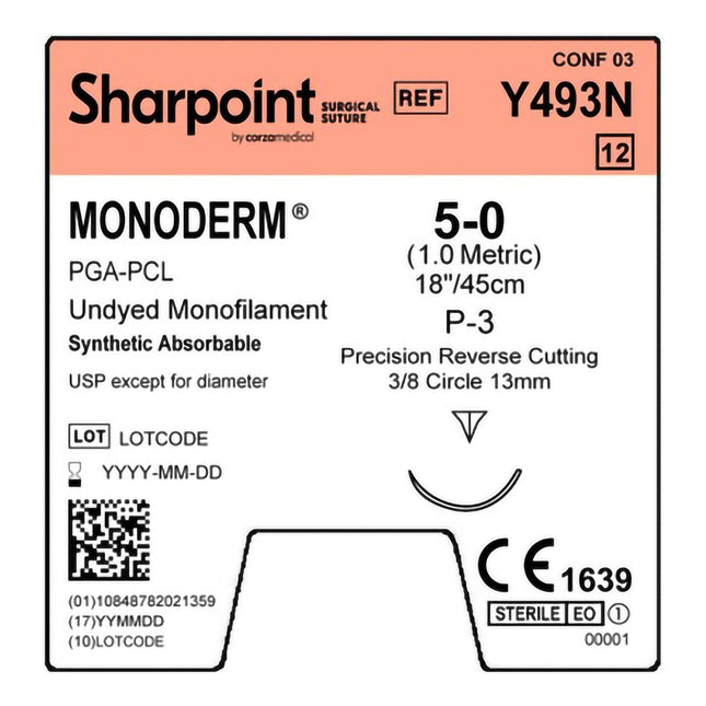 Absorbable Suture with Needle Monoderm Polyglycolic Acid DSM13 3/8 Circle Precision Reverse Cutting Needle Size 5 - 0 Monofilament | Y493N | Corza Medical | SurgiMac