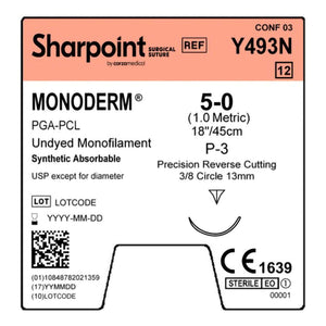 Absorbable Suture with Needle Monoderm Polyglycolic Acid DSM13 3/8 Circle Precision Reverse Cutting Needle Size 5 - 0 Monofilament Y493N