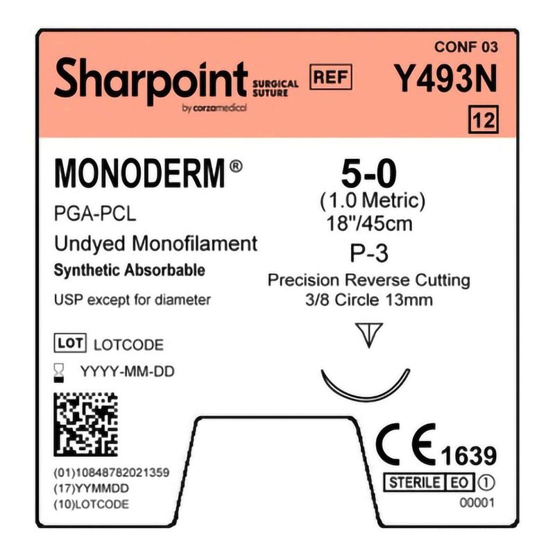 Absorbable Suture with Needle Monoderm Polyglycolic Acid DSM13 3/8 Circle Precision Reverse Cutting Needle Size 5 - 0 Monofilament Y493N
