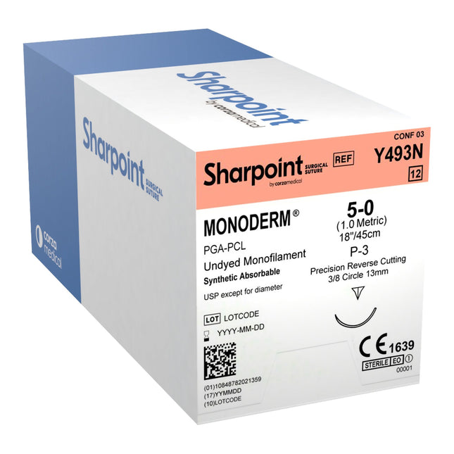 Absorbable Suture with Needle Monoderm Polyglycolic Acid DSM13 3/8 Circle Precision Reverse Cutting Needle Size 5 - 0 Monofilament | Y493N | Corza Medical | SurgiMac