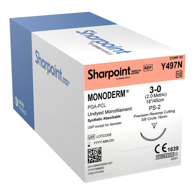 Absorbable Suture with Needle Monoderm Polyglycolic Acid DSM19 3/8 Circle Precision Reverse Cutting Needle Size 3 - 0 Monofilament | Y497N | Corza Medical | SurgiMac