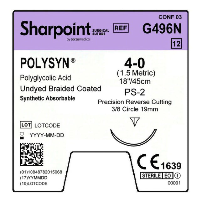 Absorbable Suture with Needle PolySyn Polyglycolic Acid 3/8 Circle Precision Reverse Cutting Needle Size 4 - 0 Braided | G496N | Corza Medical | SurgiMac