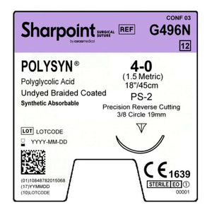 Absorbable Suture with Needle PolySyn Polyglycolic Acid 3/8 Circle Precision Reverse Cutting Needle Size 4 - 0 Braided G496N