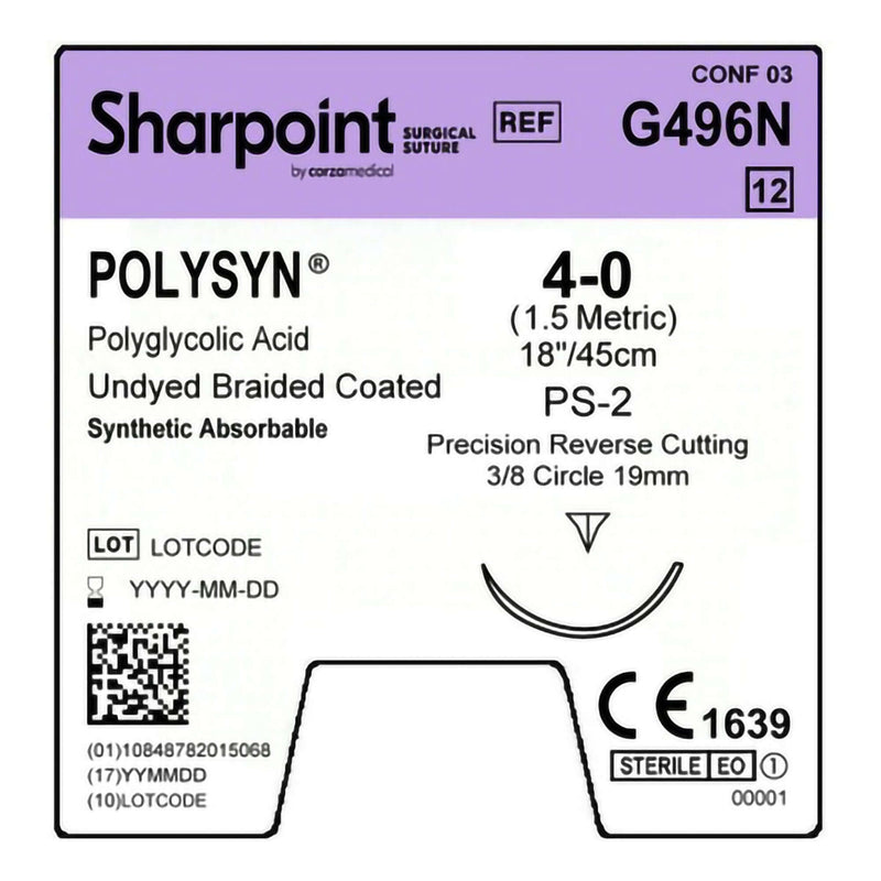 Absorbable Suture with Needle PolySyn Polyglycolic Acid 3/8 Circle Precision Reverse Cutting Needle Size 4 - 0 Braided G496N