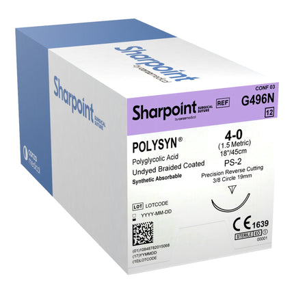 Absorbable Suture with Needle PolySyn Polyglycolic Acid 3/8 Circle Precision Reverse Cutting Needle Size 4 - 0 Braided