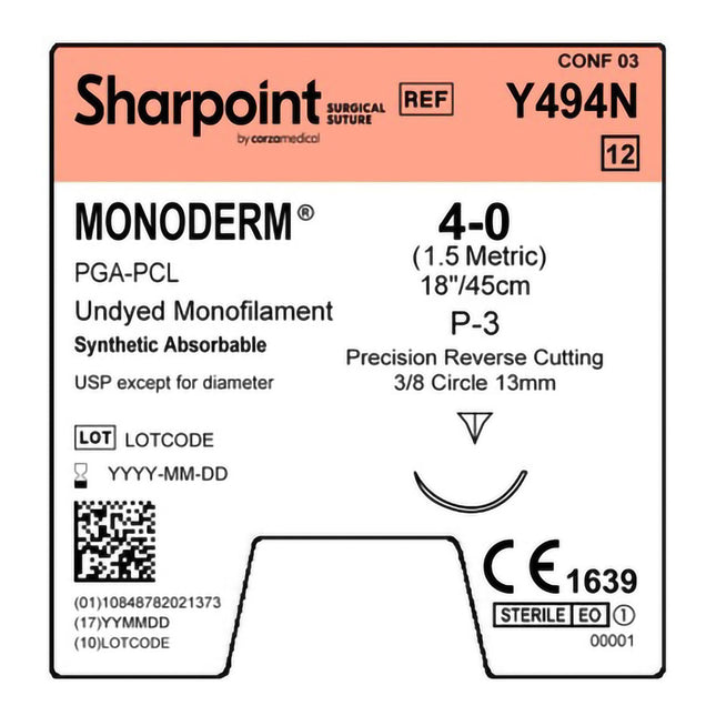 Absorbable Suture with Needle Monoderm Polyglycolic Acid 3/8 Circle Precision Reverse Cutting Needle Size 4 - 0 Monofilament | Y494N | Corza Medical | SurgiMac