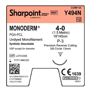 Absorbable Suture with Needle Monoderm Polyglycolic Acid 3/8 Circle Precision Reverse Cutting Needle Size 4 - 0 Monofilament Y494N