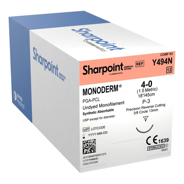 Absorbable Suture with Needle Monoderm Polyglycolic Acid 3/8 Circle Precision Reverse Cutting Needle Size 4 - 0 Monofilament | Y494N | Corza Medical | SurgiMac