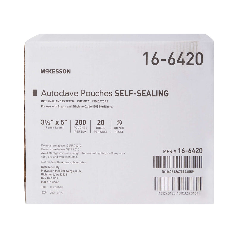 Sterilization Pouch McKesson Ethylene Oxide (EO) Gas / Steam 3-1/2 X 5 Inch Transparent Blue / White Self Seal Paper / Film | SurgiMac Dental Supply