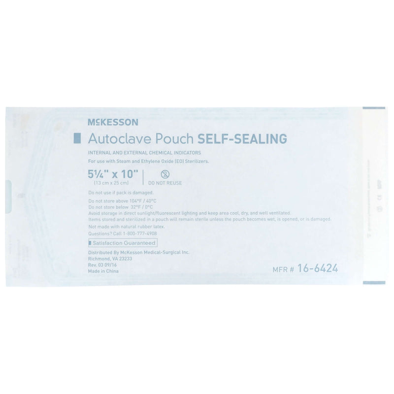 Sterilization Pouch McKesson Ethylene Oxide (EO) Gas / Steam 5-1/4 X 10 Inch Transparent Blue / White Self Seal Paper / Film | SurgiMac Dental Supply