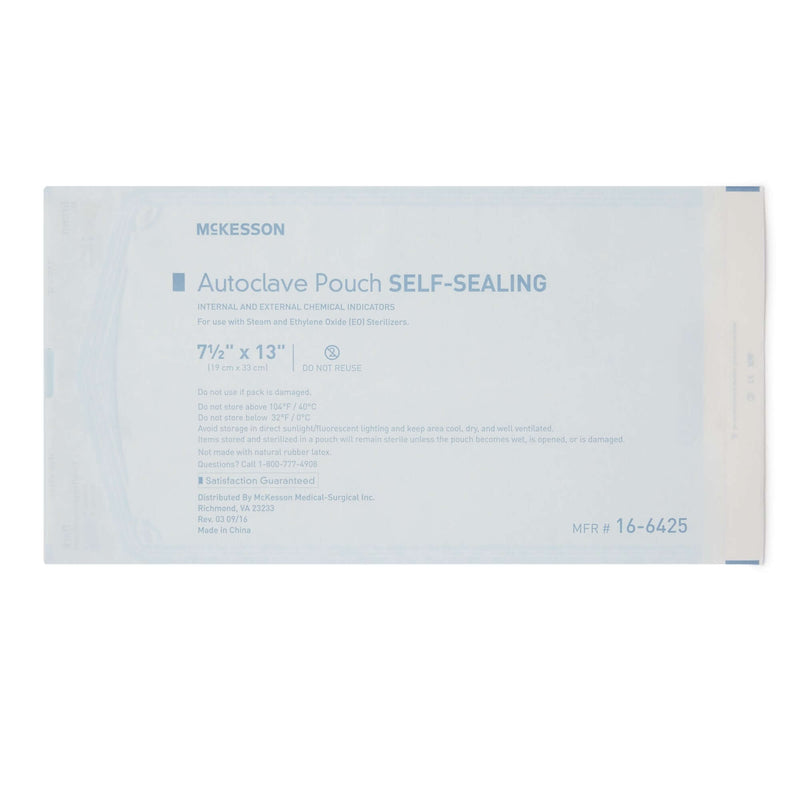 Sterilization Pouch McKesson Ethylene Oxide (EO) Gas / Steam 7-1/2 X 13 Inch Transparent Blue / White Self Seal Paper / Film | SurgiMac Dental Supply