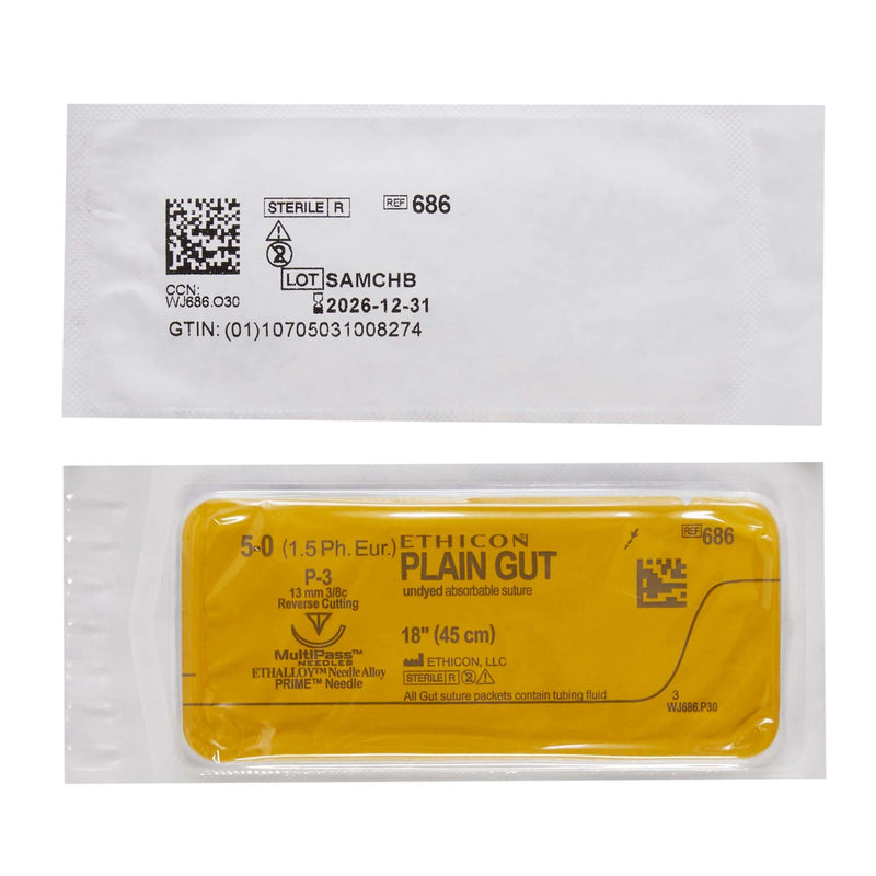 Absorbable Suture with Needle Plain Gut P-3 3/8 Circle Precision Reverse Cutting Needle Size 5 - 0 | SurgiMac Dental Supply